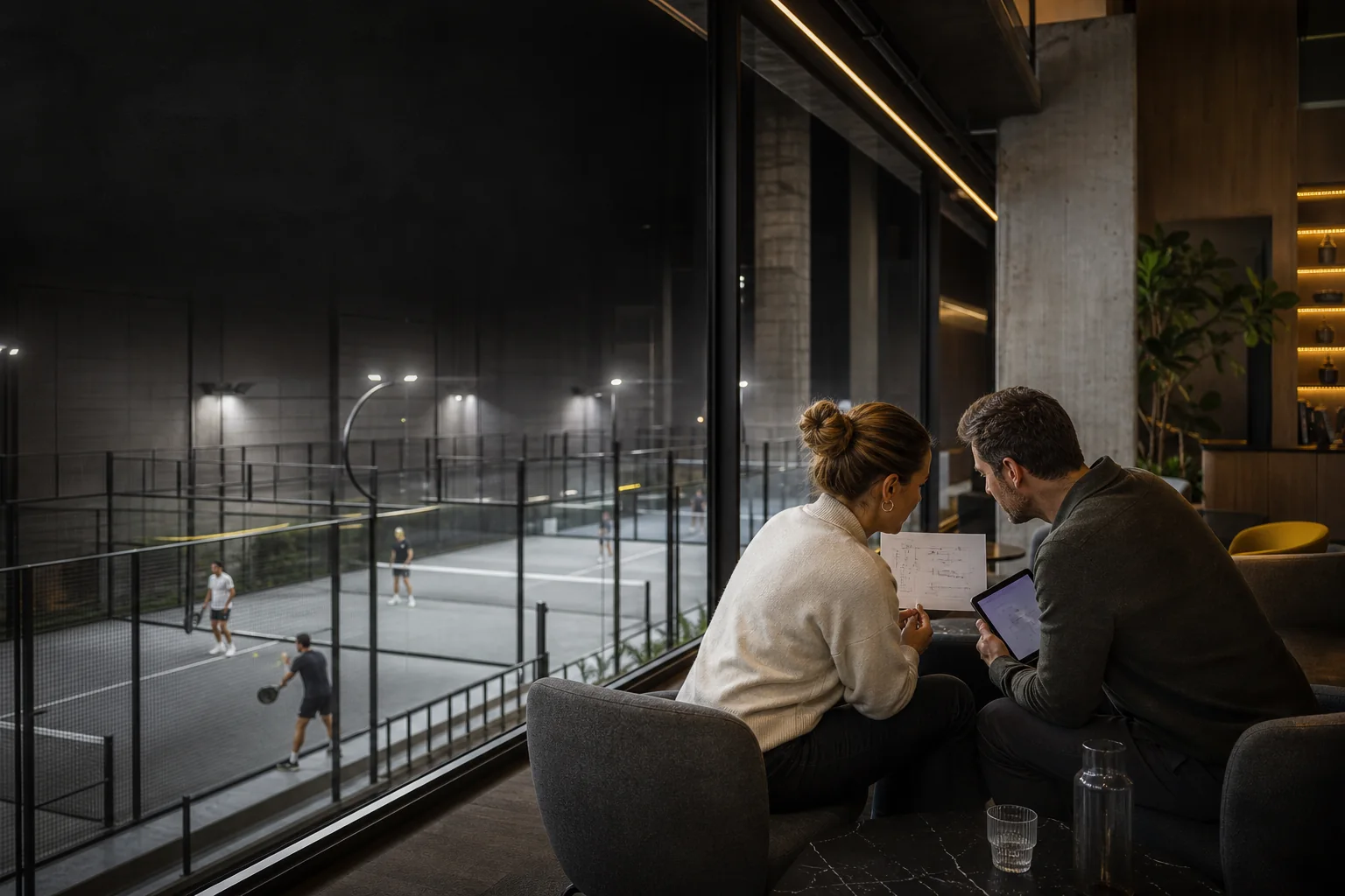 Zwei Personen prüfen Projektunterlagen in einer Padel-Club-Lounge